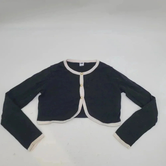 Janie and Jack Girls Black White Trim Button Long Slv Cotton Shrug Sweater Sz 8 - Picture 1 of 7